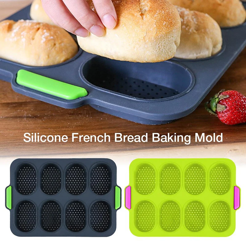 

High Quality 8 Cavity Silicone Bread Mold Non-stick Baguette Tray Tray Perforated Food Grade Silicone Tray 34.5x23.8x2.5cm