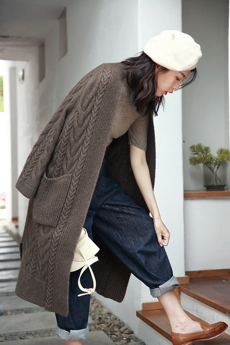 Pull femme nouveaute2019осенне-зимний женский свободный джемпер большого размера, толстый теплый вязаный кардиган, скрученный кашемировый длинный свитер из яка