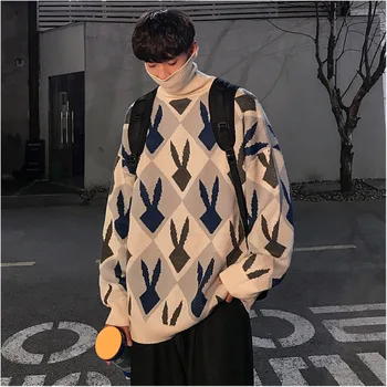 

2019 Autumn And Winter New High-necked Rabbit Embroidered Cartoon Couple Pullover Fashion Casual Warm Sweater White / Grey M-2XL