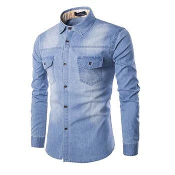 

2019 New Boutique Fashion Solid Color Men's Casual Denim Long-sleeved Shirts Male High-end Brand Slim Denim Shirt Blue