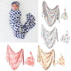 2 Pcs Baby Blanket + Hat Set Newborn Cotton Swaddle Wrap Blanket Infant Muslin Floral Towel Sleeping Bag