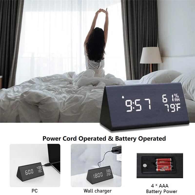 Digital Alarm Clock, with Wooden Electronic LED Time Display, 3 Alarm  Settings, Humidity & Temperature Detect, Wood Made Electric Clocks for  Bedroom