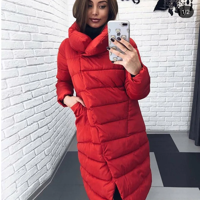 Voobuyla зимняя длинная куртка женская хлопковая стеганая однотонная парка элегантная теплая длинная парка с пузырьками женское плотное пальто наивысшего качества