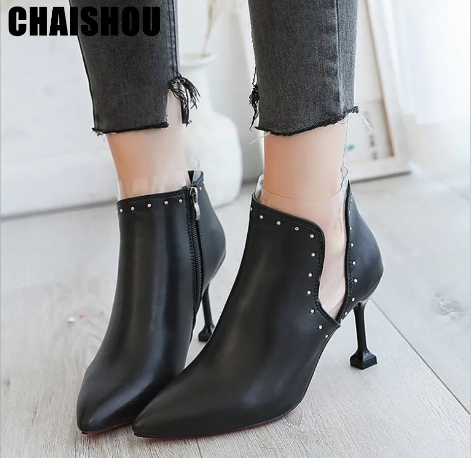 Boots Women 2019 Autumn Winter New Women Thin Heel Ankle Boots Fashion Sexy Boots Pointed Rivet Martin Boots Botas Mujer D-214