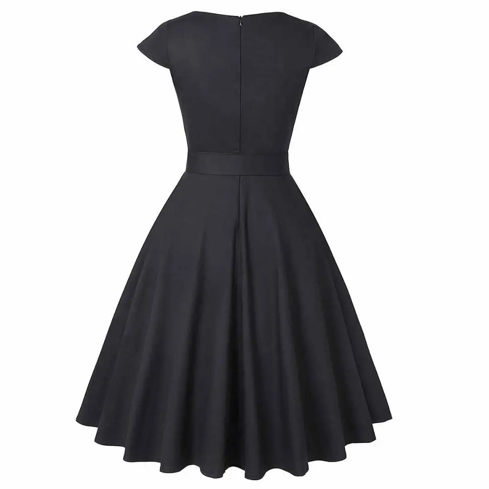 Navy Blue Black Audrey Hepburn Dress V Neck Cotton Short Sleeve 50s 60s 1950s Retro Vintage Big Swing Pinup Rockabilly Dresses
