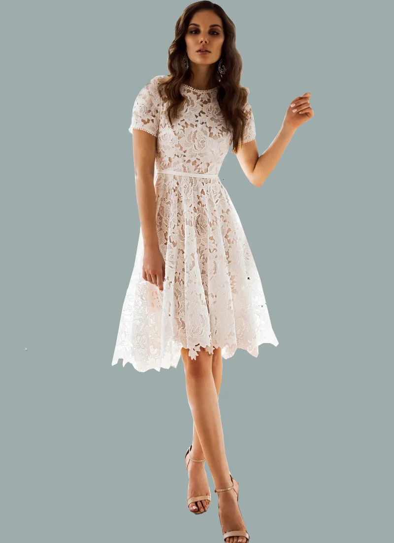 BGW белое кружевное коктейльное платье с круглым вырезом и коротким рукавом, вечерние коктейльные платья до колена