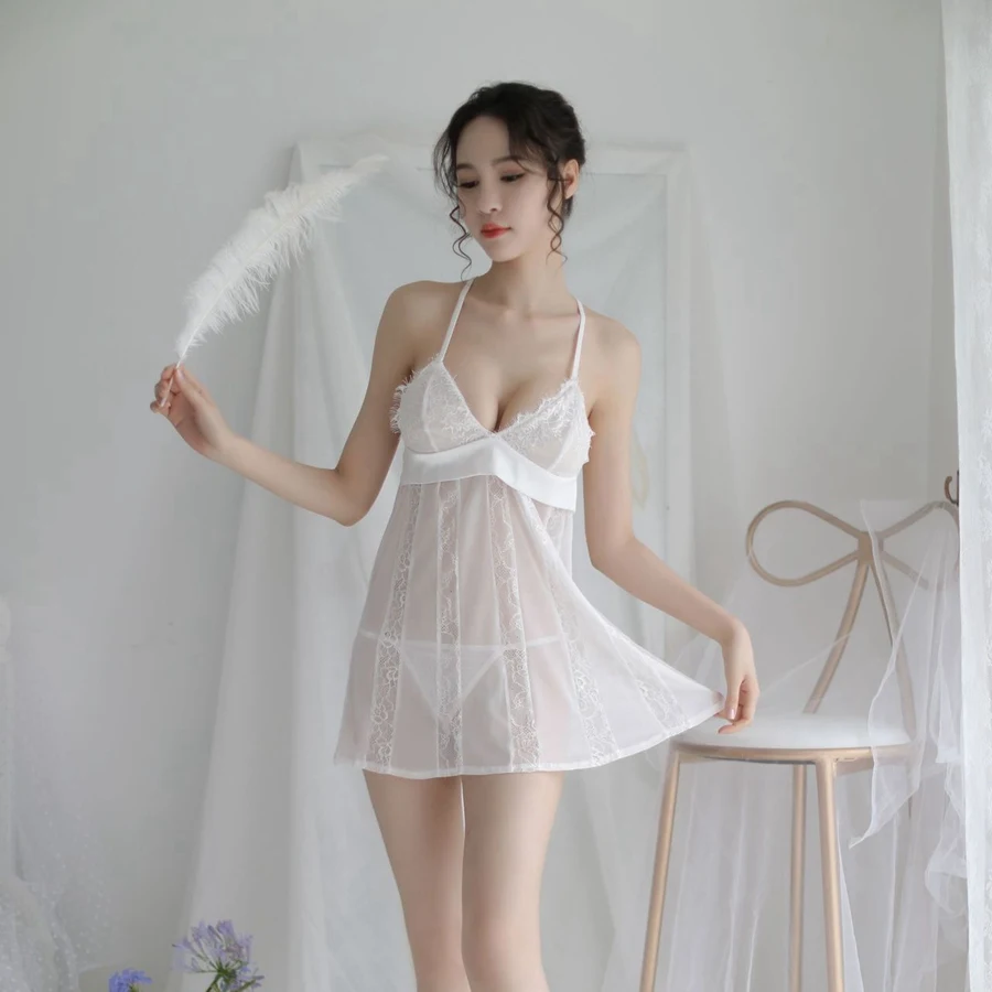 Сексуальные ночные рубашки для женщин, ночная рубашка, нижнее белье, одежда, сексуальное прозрачное ночное платье с открытой спиной - Цвет: Белый