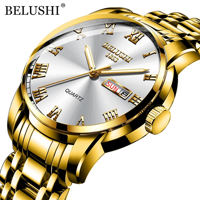 BELUSHI Top Brand Luxury Mens Watches Luminous Waterproof Stainless Steel Watch Quartz Men Date Calendar Business Wristwatch Golden White