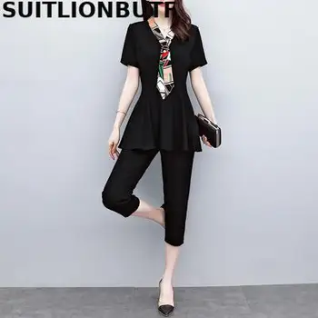 

OL 2020 L-5XL Summer Plus Size Two Piece Set Scarves Slim Long Tops Elastic Waist Pencil Pants Ropa Mujer Elegant Ensemble Femme