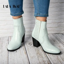 LALA IKAI/женские зимние ботильоны на квадратном каблуке; Цвет Синий; осенние ботинки из искусственной кожи и флока; Bota Feminina; ботинки на среднем каблуке-шпильке; XWC4051-4