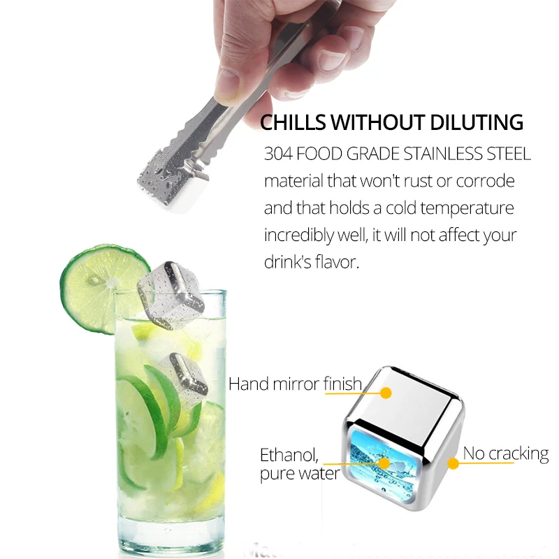 Reusable Ice Cubes For Drinks -Metal Ice Cube - Chills Drinks Without Diluting Them -  With Storage Tube with Tongs and Tray