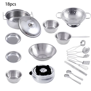 

18pcs Play Pots Pans Set for Kids Kitchen Playset Pretend Cookware Mini Stainless Steel Cooking Utensils Development Toys