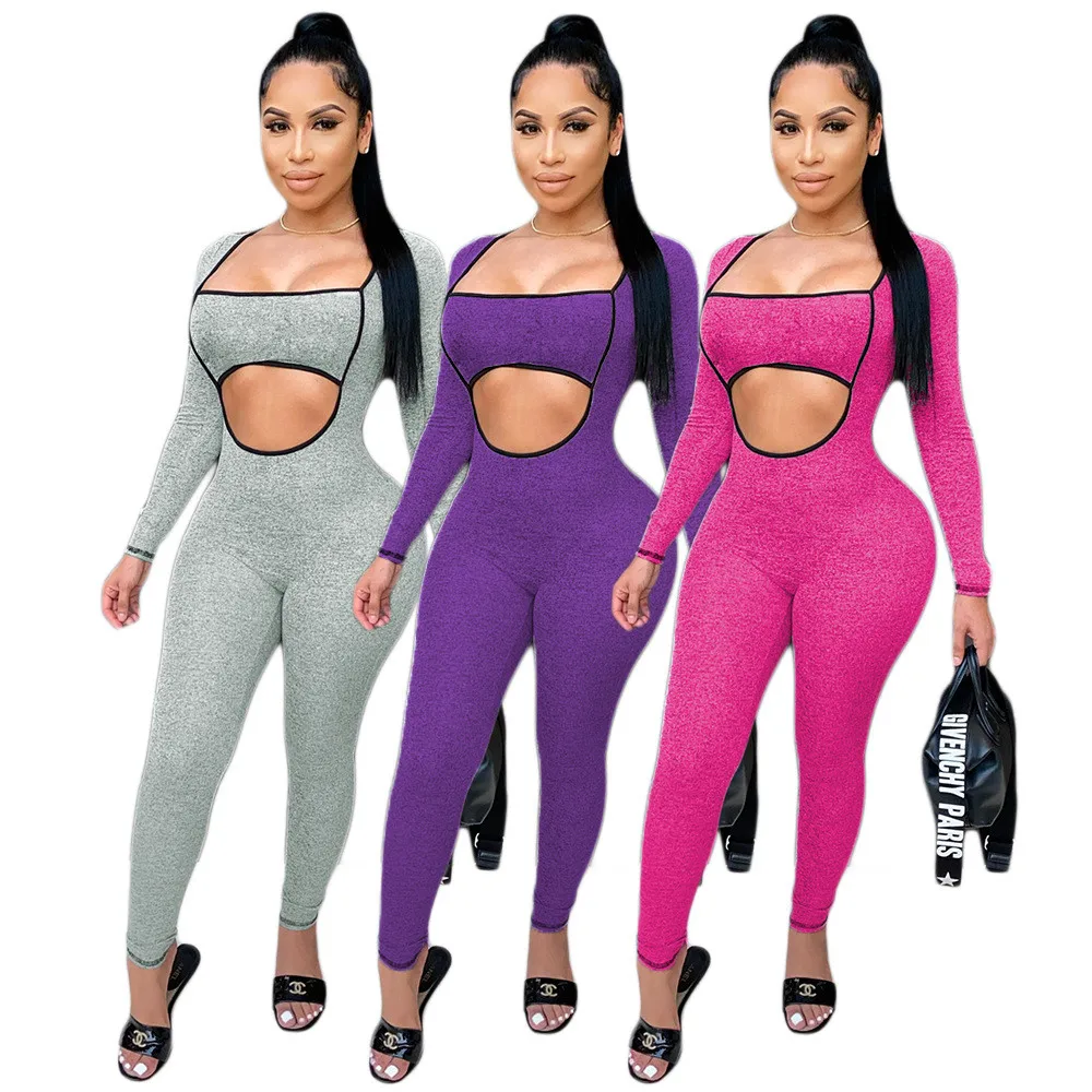 

RStylish 2020 Solid Jumpsuits For Women Sexy Hollow Out Full Sleeve Bodycon One Piece Playsuit Trousers Casual Clubwear Clothes