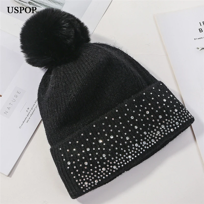 USPOP, зимние шапки для женщин, стразы, вязанные, skullies, женские шапочки, толстые, вельветовые, с подкладкой, теплые шапки, милые, с помпоном, шапки
