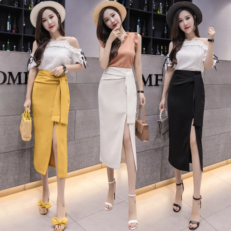 

2019 Spring And Summer New Products Slit Bandage Cloth Skirt Mid-length Irregular Ol Skirt Simple Versatile A- line Skirt