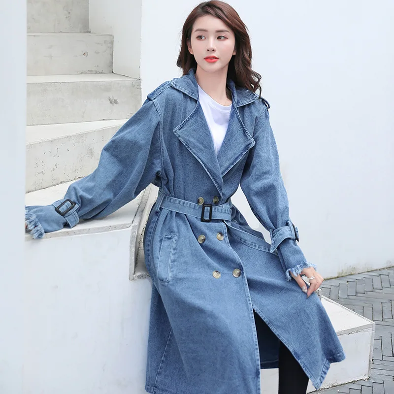 

Women's Denim Trench Coat 2021 Autumn Double Breasted Belted Casual Jean Overcoat Loose Long Windbreaker Jacket Couple Models