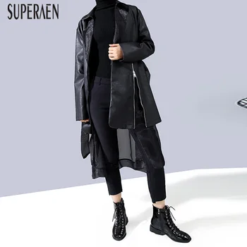 

SuperAen Solid Clor Fashion Leather Trench Coat for Women 2020 Autumn and Spring Ladies Windbreakers Europe Mesh Fake Two-Piece