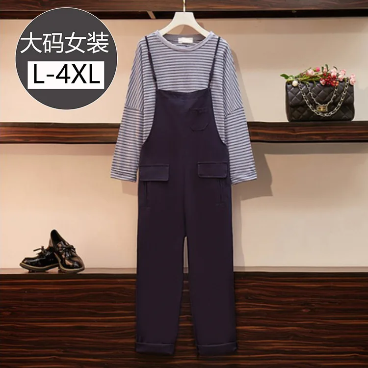 

Large Size Dress Crew Neck Stripes Long Sleeve Casual Camisole Suspender Pants I-shaped Pocket Pants Two-Piece Set Early Autumn