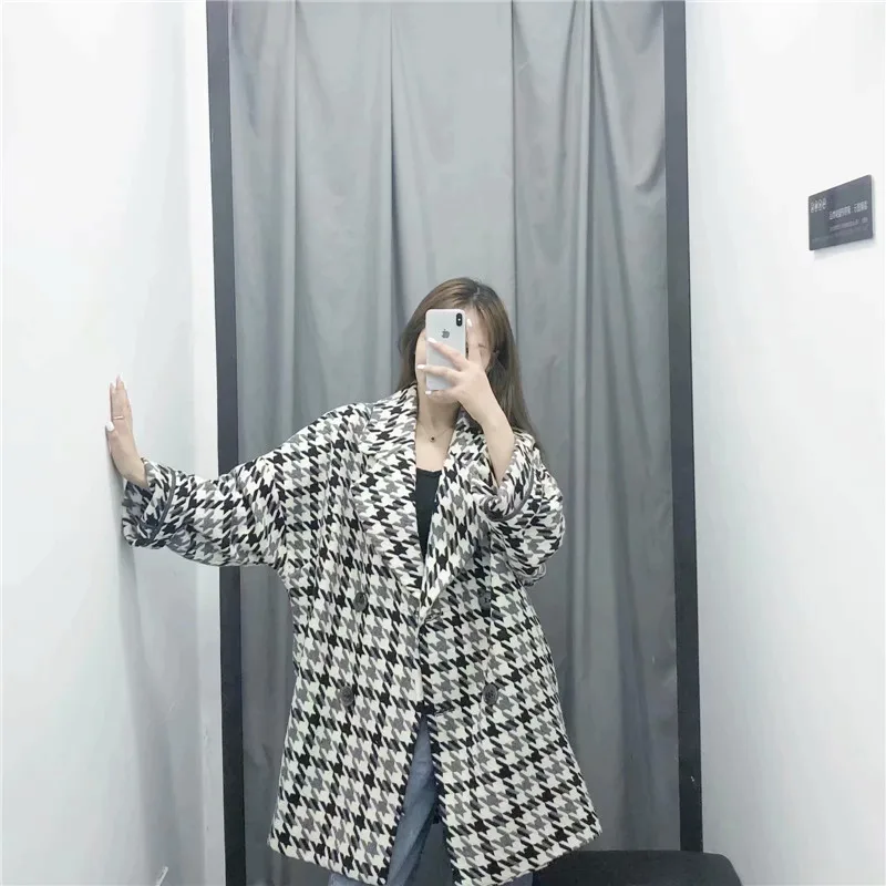 

2019 Europe And America Autumn New Style Loose-Fit Versatile Fold-down Collar Pattern Double Breasted Coat Women's 8190100