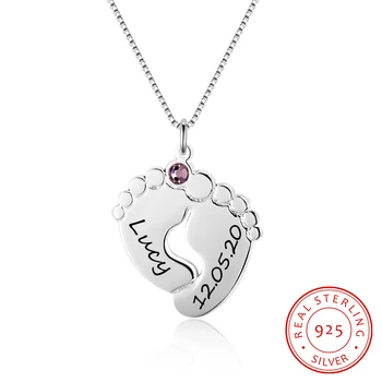 

925 Sterling Silver Personalized Baby Feet Necklace Footprint Pendant Necklace with Birthstone Custom Name Gift for Women Mom