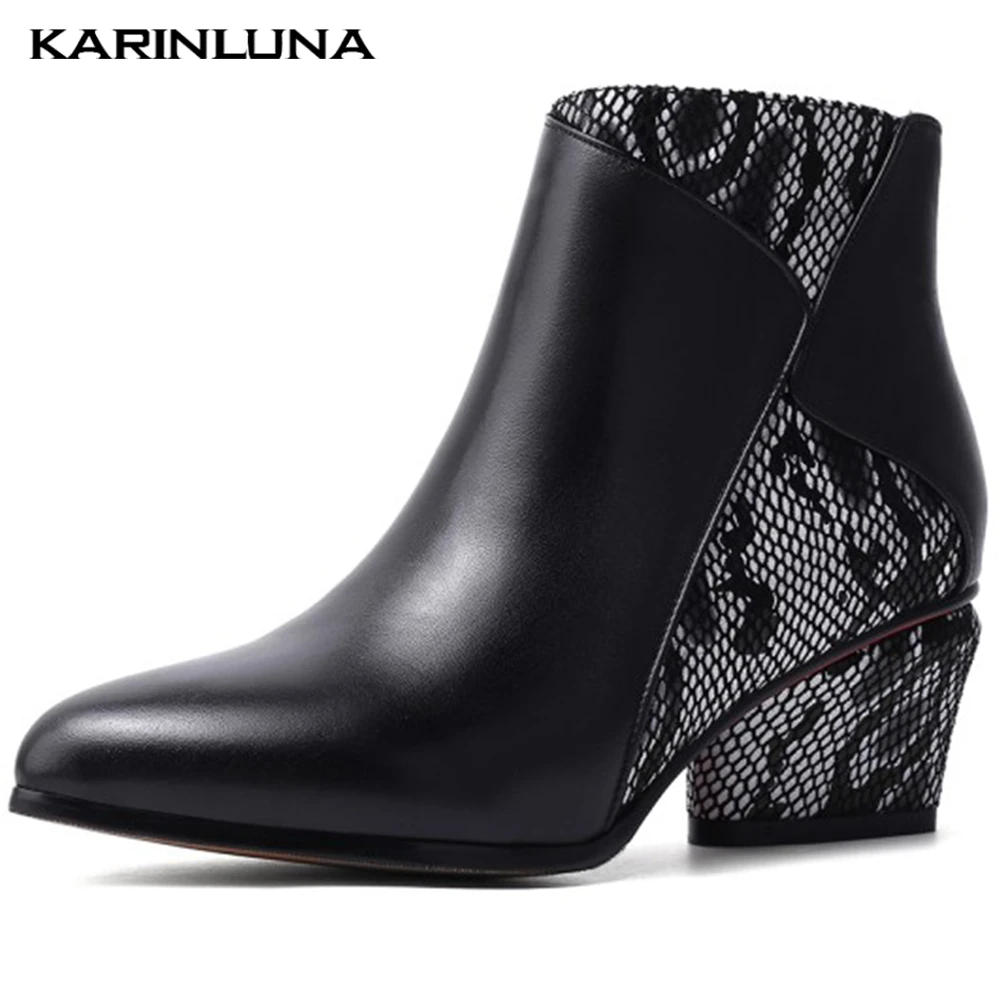 

Karinluna new fashion 2019 Big Size 43 Genuine Cow Leather Chunky Heels Ankle Boots Woman Shoes Zip Up Shoes Women Boots