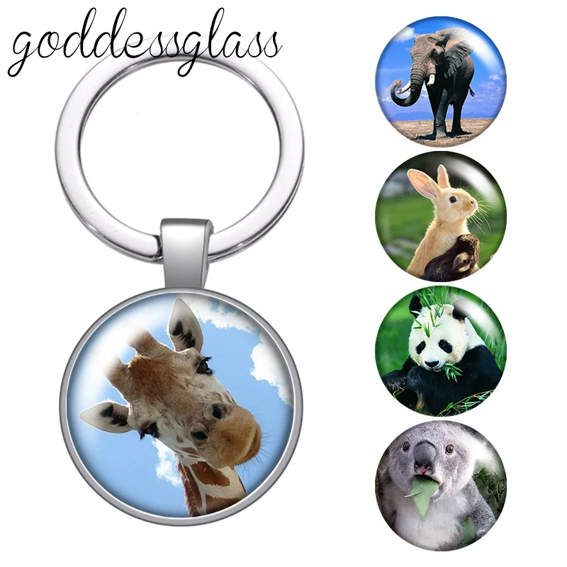 Love Animals giraffe rabbit panda elephant Koala glass cabochon keychain Bag Car key chain Ring Holder Charms keychains Gifts