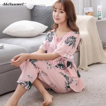 

Summer Women Pajama Set Floral Printed Cotton Sleepwear Girl Cute Nightwear Female Casual Ladies Pink Homewear Pijama Mujer