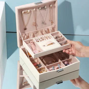 

Protable Travel PU Leather Jewelry Storage Box Double Jewelry Case Holder Earring Necklace Plate Leather Organizer Box