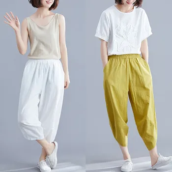 

Women's Linen Solid Pants Loose Elastic Waist Casual Harlan Pants pantalones de mujer talla grande elasticos #33