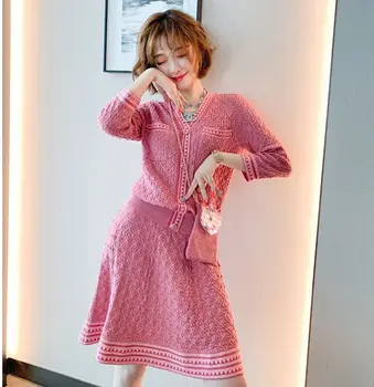 

V-neck thin knitted cardigan + striped high waist A-line skirt suit women's 2020 early autumn new 2-piece set