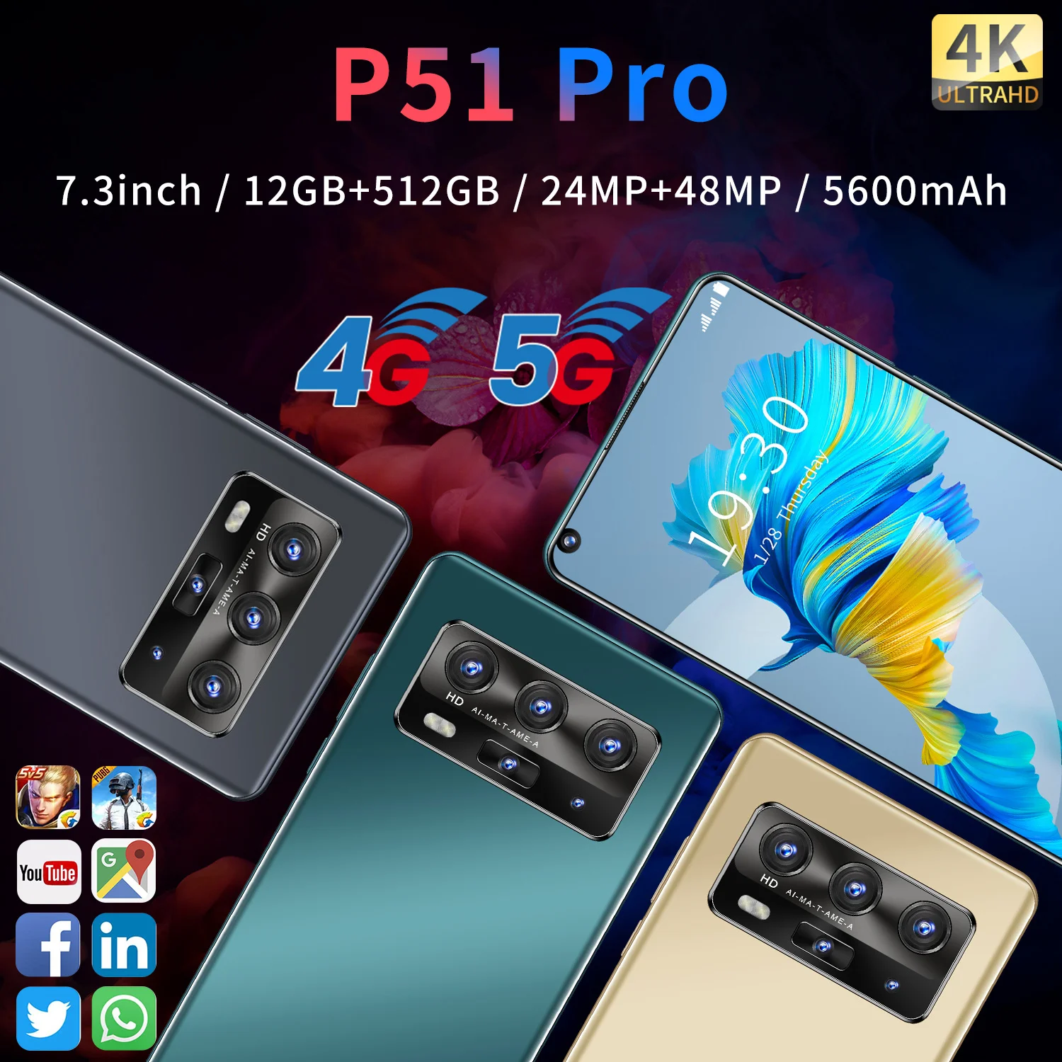 Mobile Cell Phone P51 Pro 7.3 Inch Global Version Andriod 12GB RAM 512GB ROM 10 Core MTK6889 Dual SIM 4G LTE 5G Smart Phone