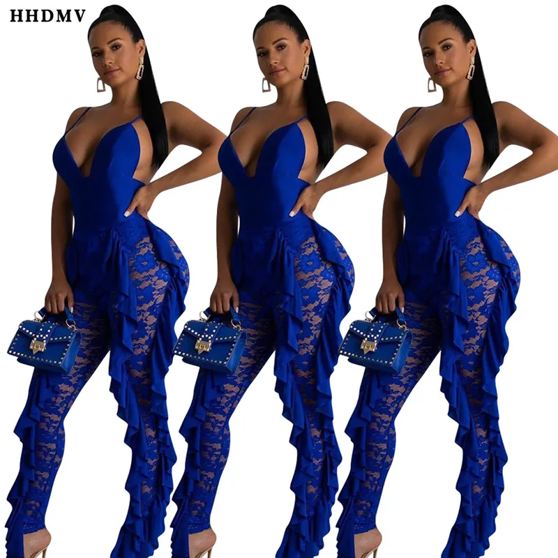 HHDMV GYD18113 sexy high street style jumpsuits sleeveless cross condole belt lace ruffles hollow out jumpsuits long pants