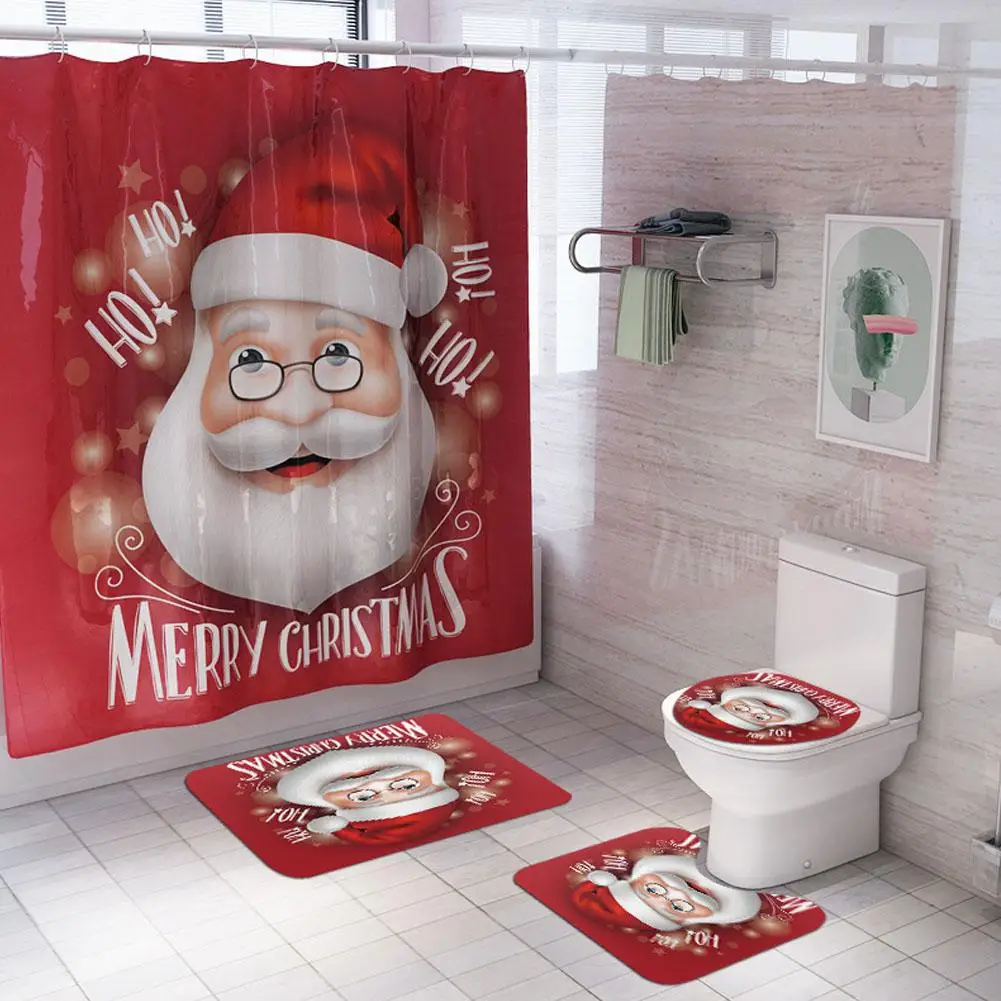 

Christmas Series Printing Toilet Cover Mat Non Slip Rug Bathroom Shower Curtain Bathroom Set
