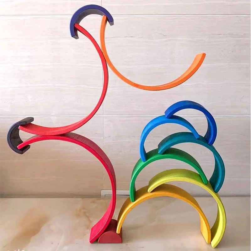

Children Wooden Large Size Rainbow Building Blocks 12 PCs Colorful Arch Assembling Stack High Bricks Pro Early Childhood Educati