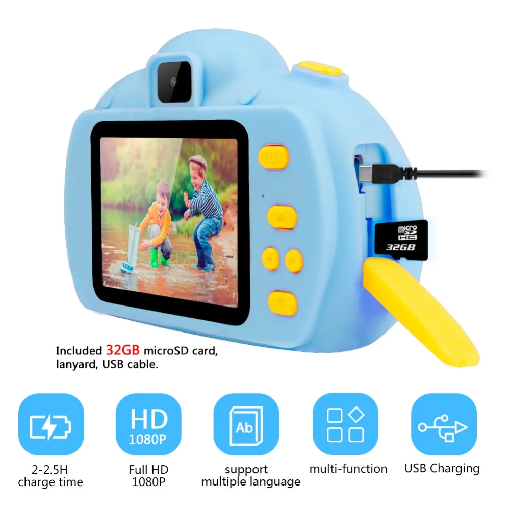 Детская камера, игрушки для детей, цифровая камера 18 МП HD с картой 32G, экран 2,4 дюйма, двойная Селфи, видео игра, видеокамера, игрушки для детей
