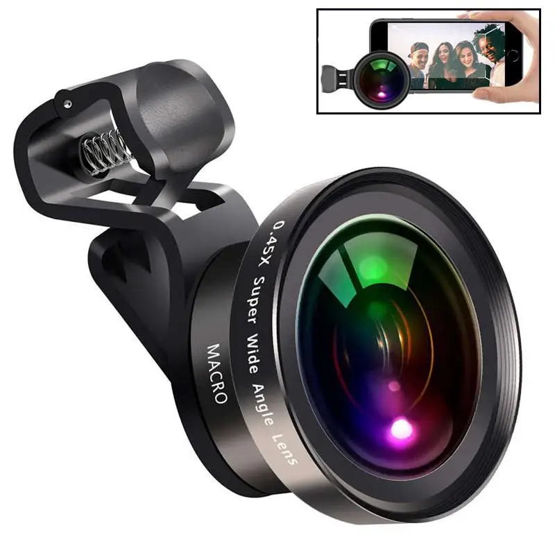 

Large Aperture HD Phone Lens 52Uv 0.45X Wide Angle & 15X Macro Lens 2 in 1 Clip-On Cell Phone Camera Lens for iPhone Samsung