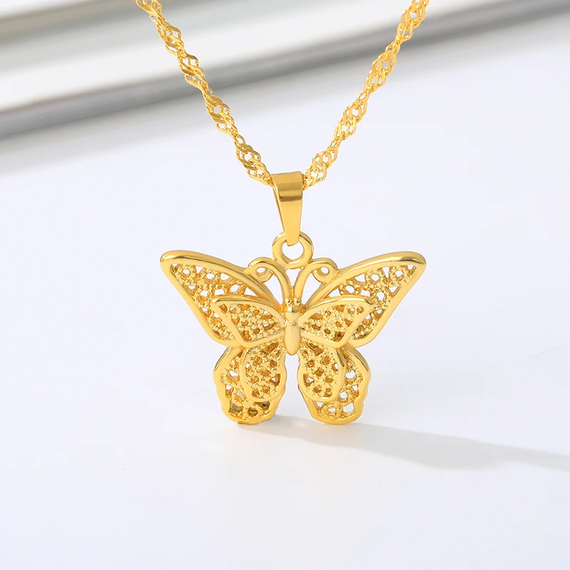 Collana Acciaio Ciondolo Fiori e Farfalla Oro