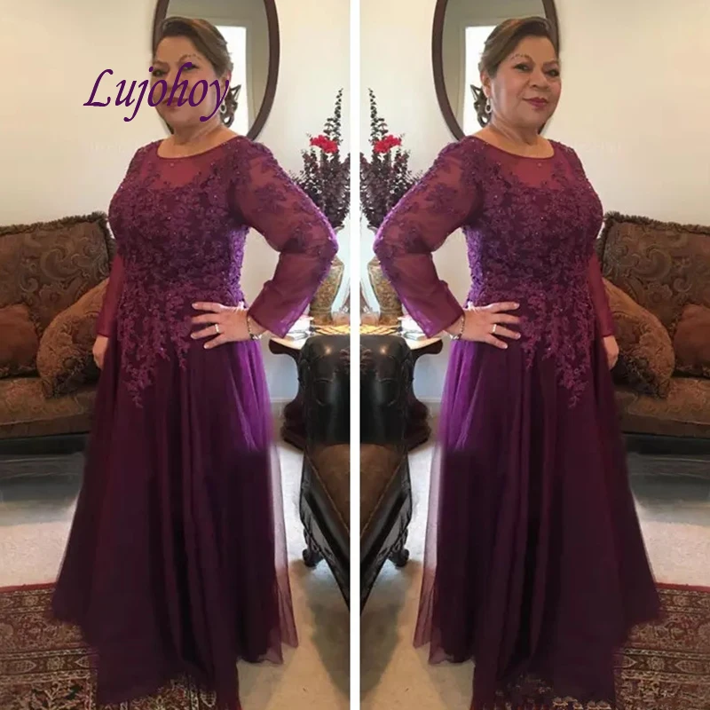 Lange Mouwen Lace Moeder van de Bruid Jurken Plus Size voor Bruiloften Paars Godmother Bruidegom Diner Jurken Lange Mouwen Lace Moeder van de Bruid Jurken Plus Size voor Bruiloften Paars Godmother Bruidegom Diner Jurken