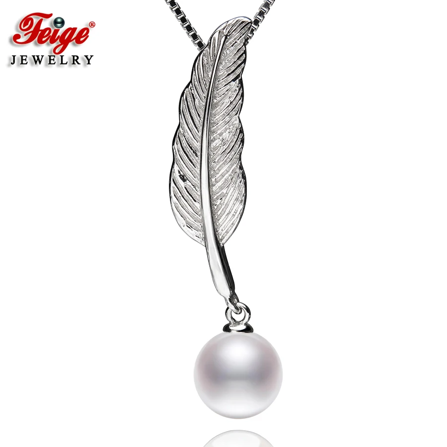 

Feather-shaped Natural Pearl Pendant Necklaces For Women 8-9mm Perfectly round Freshwater Pearls 925 Silver Chain Fine Jewelry