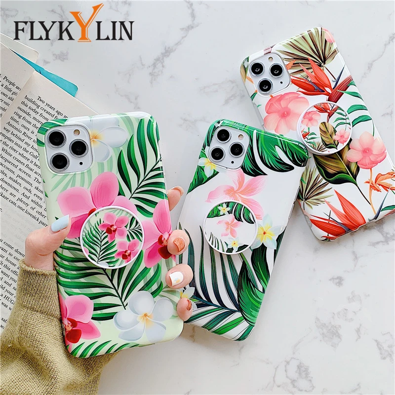 FLYKYLIN Holder stand Cartoon Floral Case For iphone XS XR X 11 Pro Max 6 6S 7 8 Plus Back Cover Soft IMD Silicone Phone Coque | Мобильные