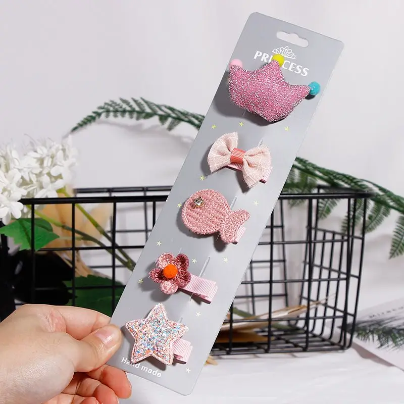 5 Pcs/Set Barrettes for Girls Korea Cotton Cartoon Hair Clips Glitter Crown Hair Bows for Baby Girls Hair Accessories - Цвет: 1