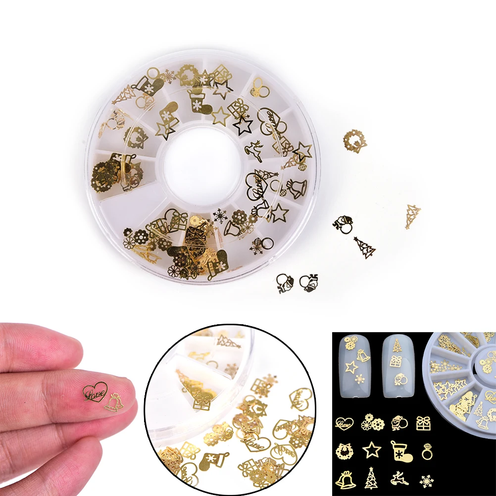 3D Gold Metal Nail Art Sticker Wheel Christmas Mix Designs Tiny Slice DIY Manicure Nail Decoration Accessories