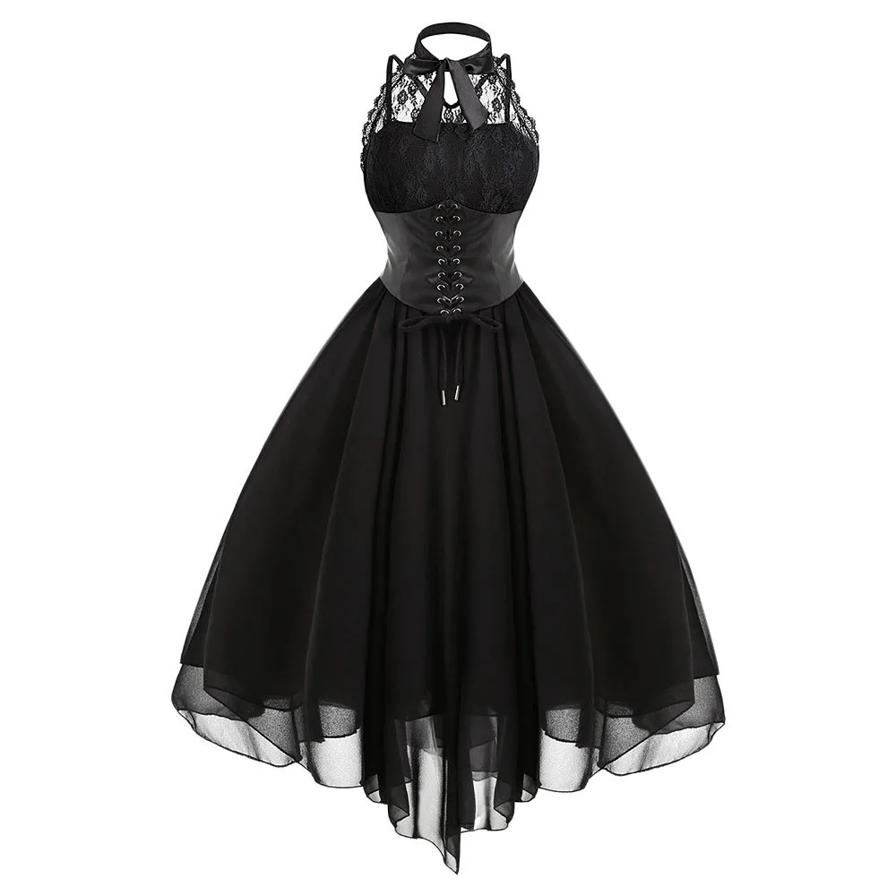 Women Black Gothic Punk Vintage Party Dresses Sleeveless Cross Back Retro Lace Panel Chiffon Solid Corset Swing Dress Vestidos