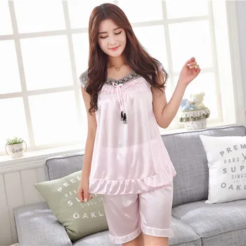 

2020 Hot Sale Plus Size silk pajamas set women summer short sleeve lace pyjamas pure color sexy female sleepwear pijamas mujer
