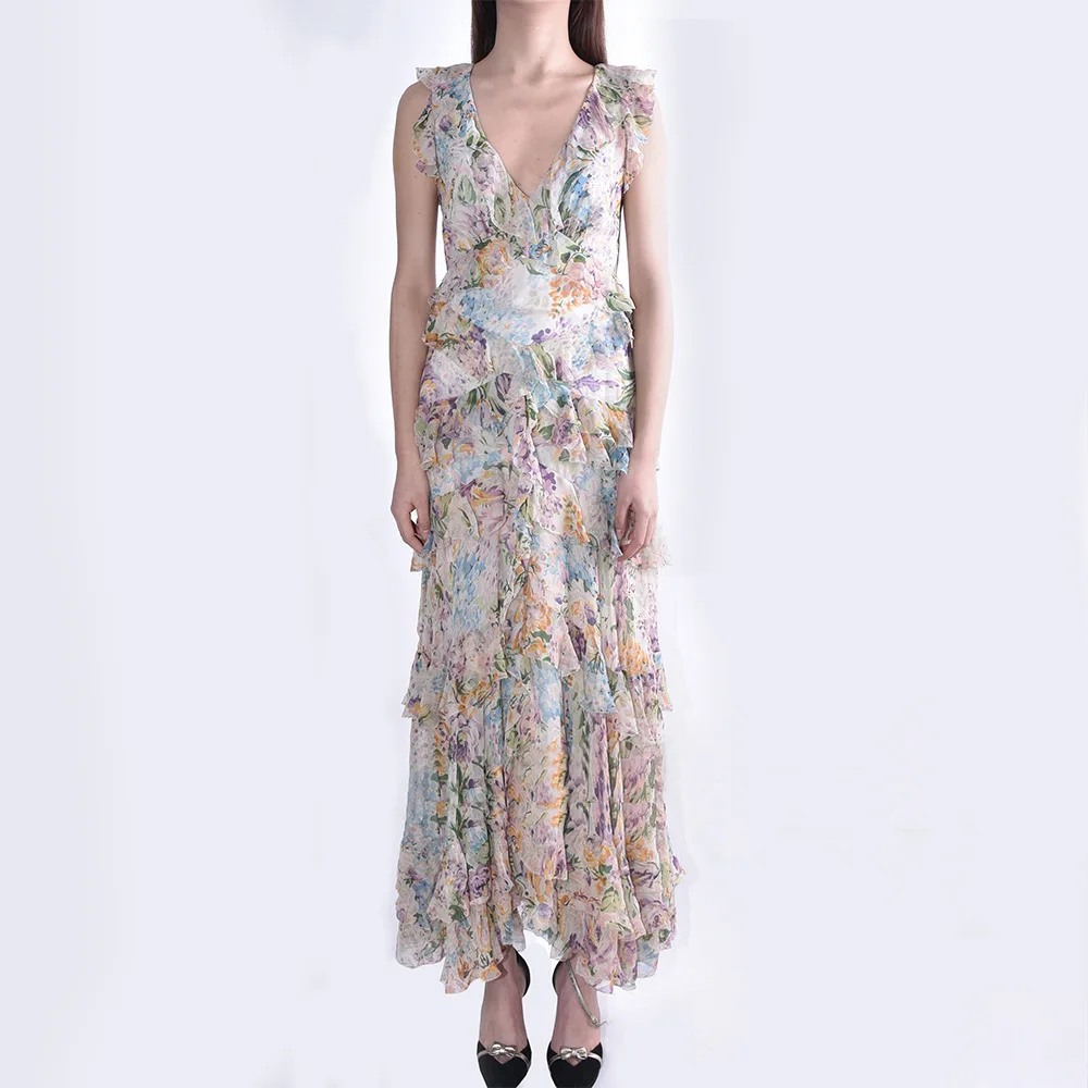 

19 Summer Elegance Elegant Vacation Wind Tulips Printing Long Money Big Pendulum Dress 93066
