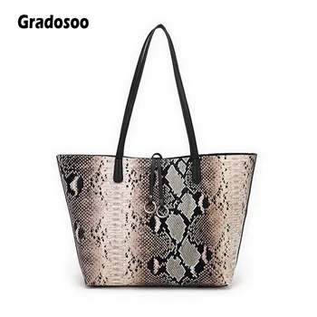 

Gradosoo Fashion Snake Design Shoulder Bag For Women Handbag PU Leather Big Tote Bags Brand Composite Bag Crossbody Lady LBF447