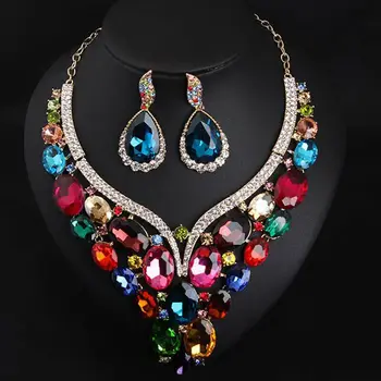 

Statement Necklace Earrings Set Bridal Jewelry Sets Fashion Rhinestone Crystal Pendant Necklaces Choker Women Wedding Party Bibs