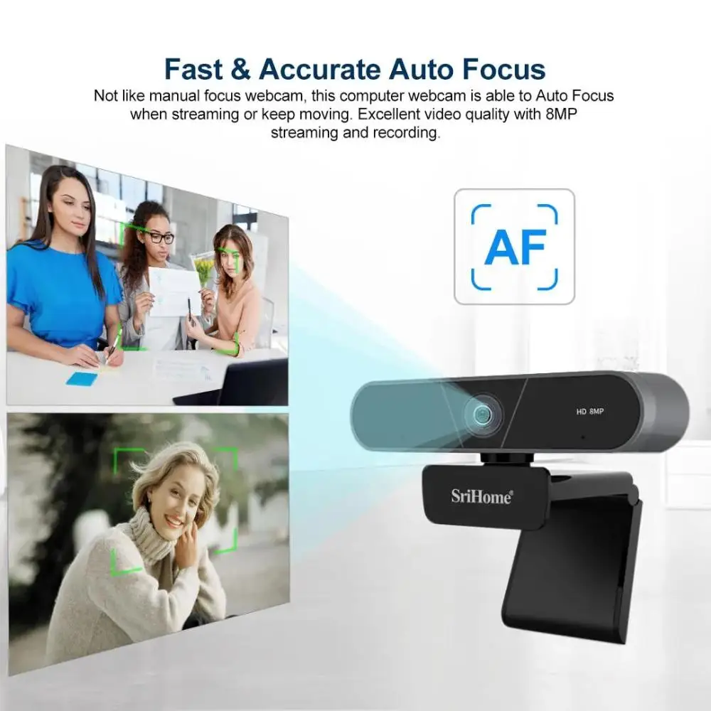 Srihome 4K FHD 8MP веб камера с двойным микрофоном автофокусом USB Plug & Play для Vdeo