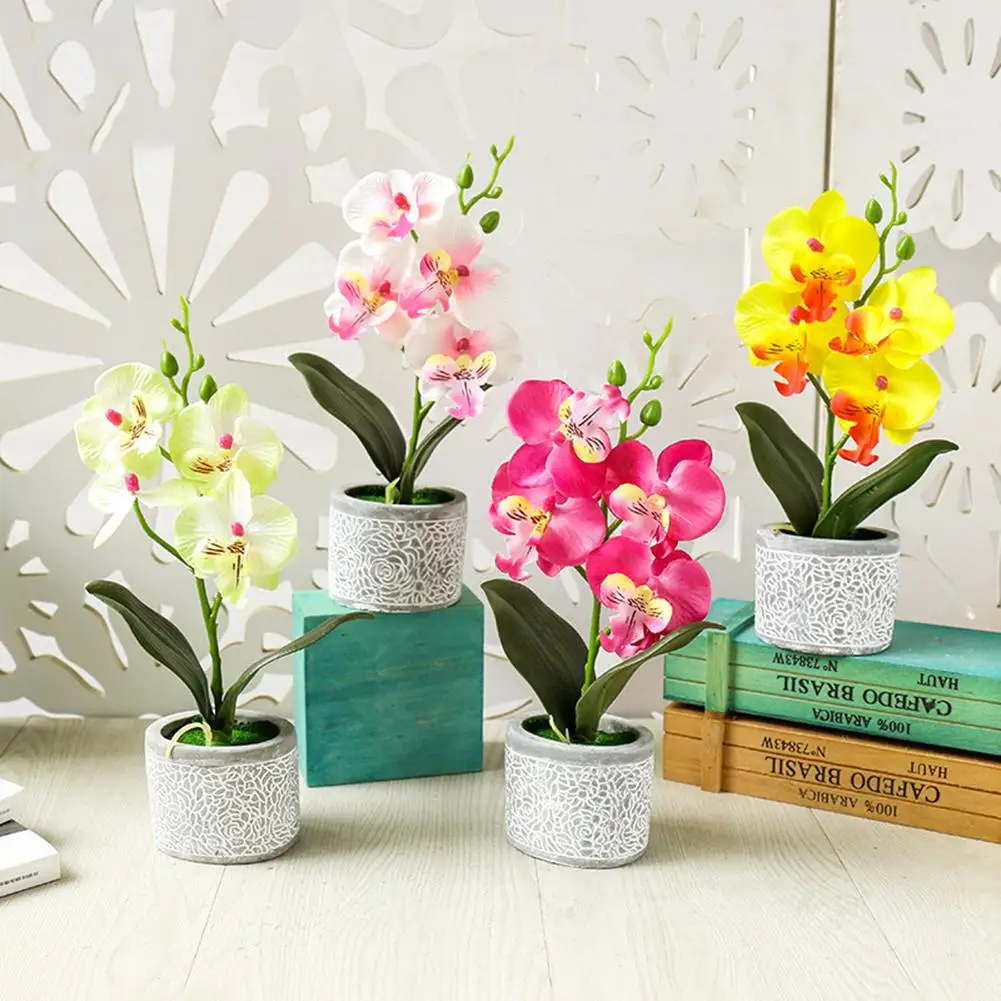 

Artificial Flowers with Cement Pot Butterfly Orchid Bonsai Flower Fake Flowers Party Wedding Decoration Bathroom Accessories