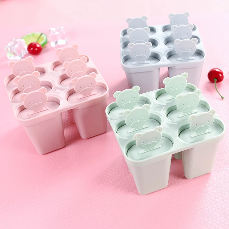 

6 Cell Bear Handle Mould Tray Pan Kitchen 3 color Frozen Ice Cube Molds Popsicle Maker DIY Ice Cream Tools Cooking tools